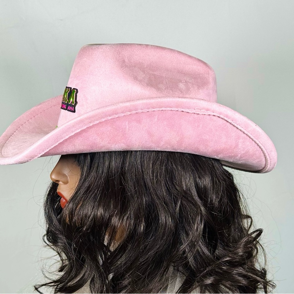 AKA Rhinestone Suede Cowboy Hat | Alpha Kappa Alpha Pink & Green Sorority Hat - Picture 5 of 5